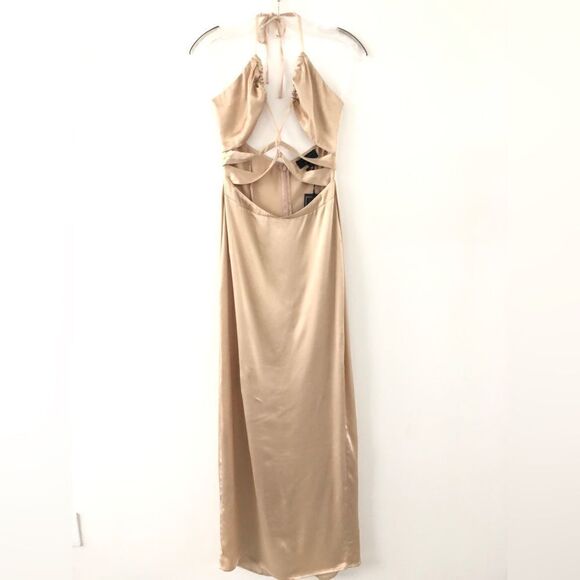 Michael Costello x REVOLVE Josie Cut Out Gown in Nude Satin Halter Maxi Dress - Picture 4 of 12